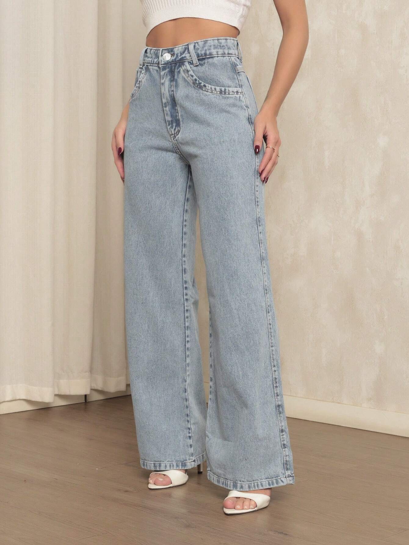 Calça jeans wide leg cintura alta