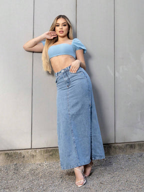 Saia jeans midi longa