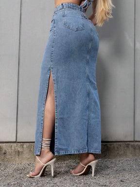 Saia jeans midi longa