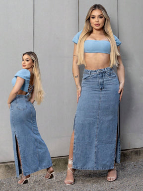 Saia jeans midi longa