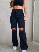 Calça jeans wide leg preta rasgada